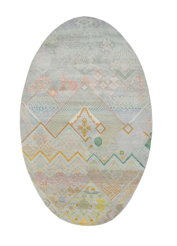 manchaha blue wool and silk Hand Knotted Rug - HeadShot