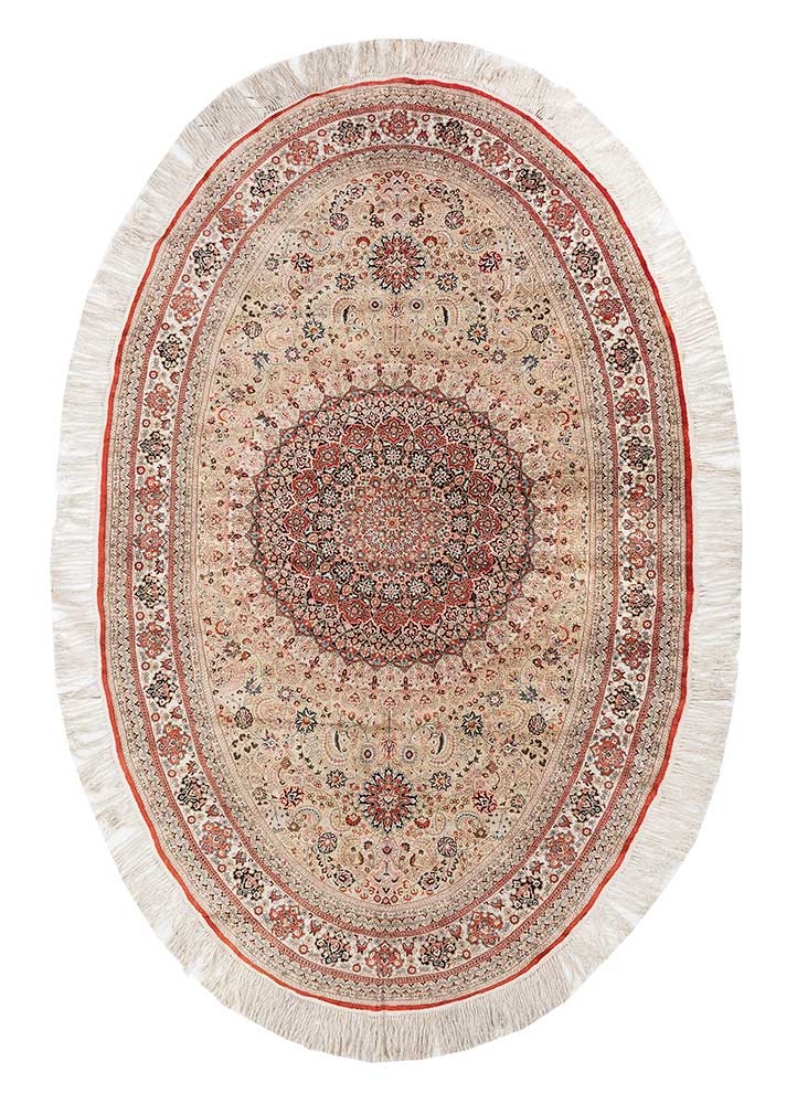 aalam red and orange silk Hand Knotted Rug - HeadShot