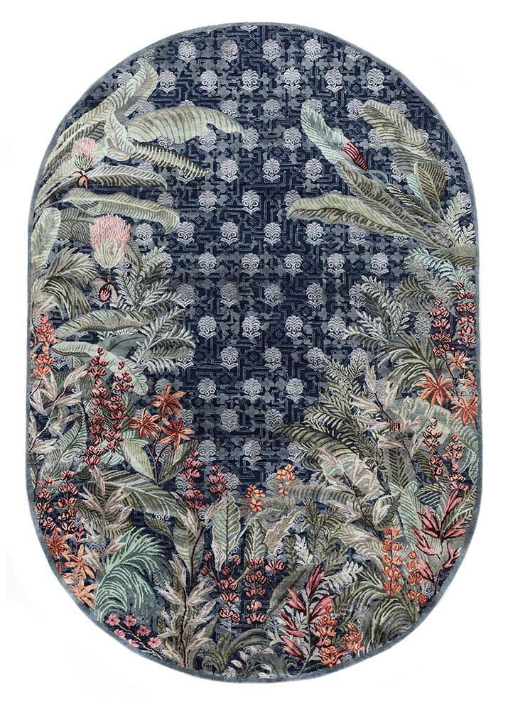 inde rose blue wool and silk Hand Knotted Rug - HeadShot