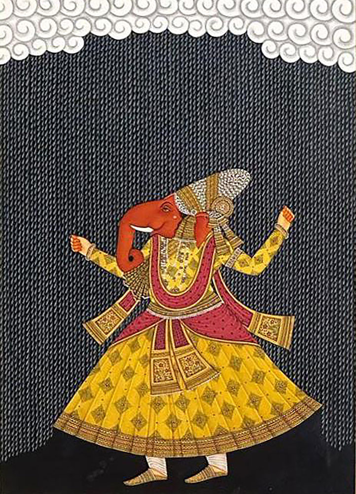 Dancing Ganesha in the
Monsoon vibrant natural pigment colors on handmade paper Art Work Rug