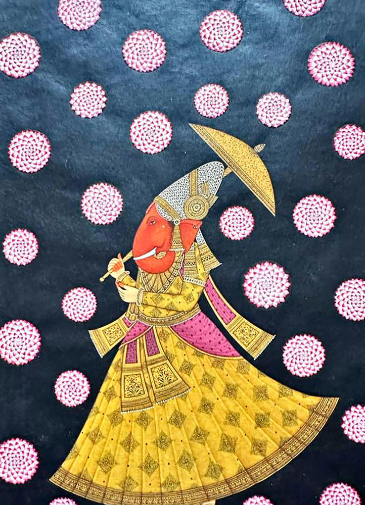 Ganesha with the Umbrella of
Blossoms vibrant natural pigment colors on handmade paper Art Work Rug