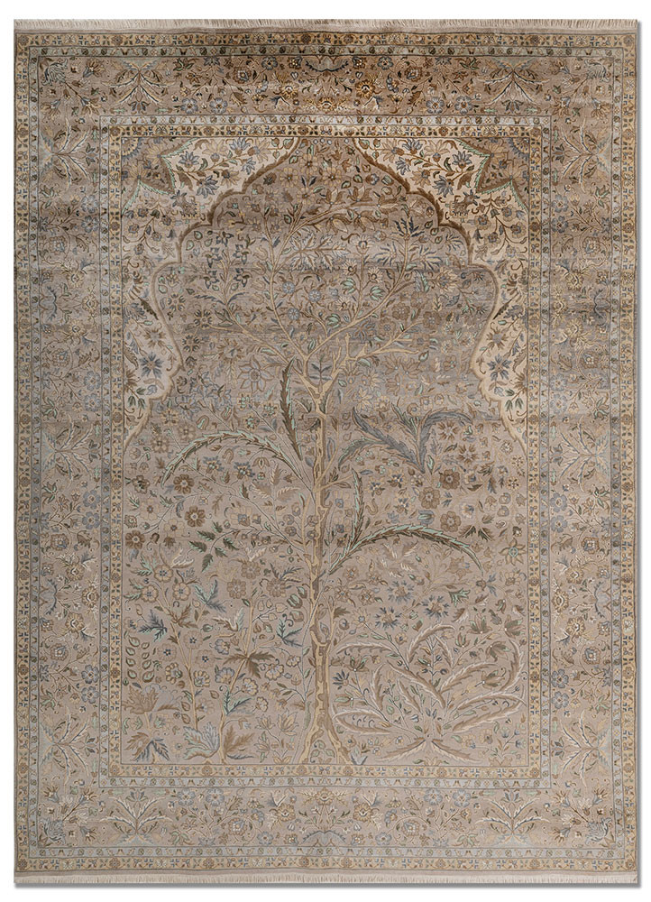  beige and brown silk Hand Knotted Rug