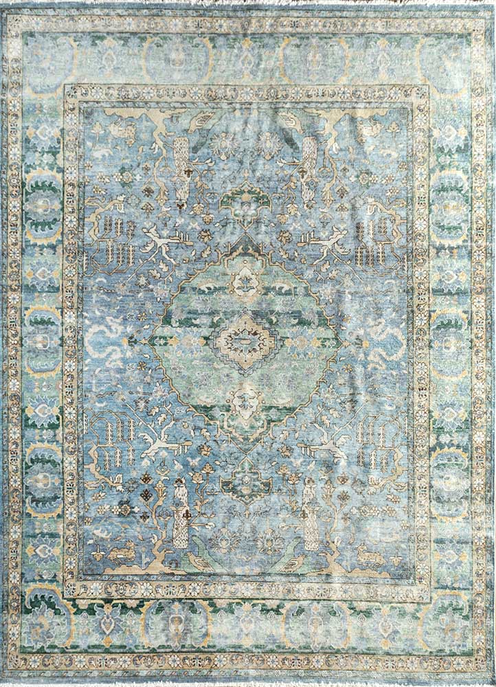 someplace in time blue wool Hand Knotted Rug - HeadShot