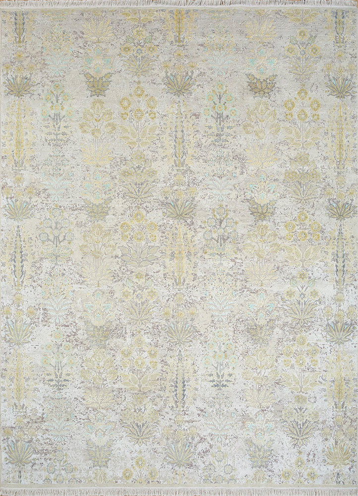  ivory wool and silk Hand Knotted Rug