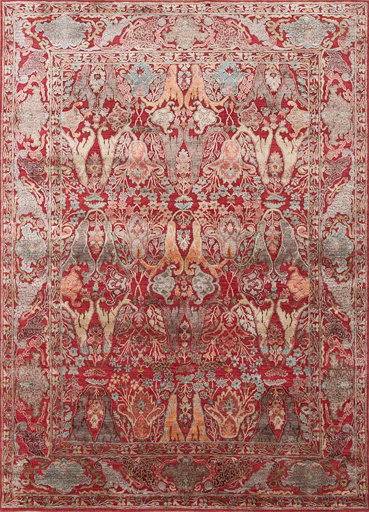  red and orange wool and silk Hand Knotted Rug