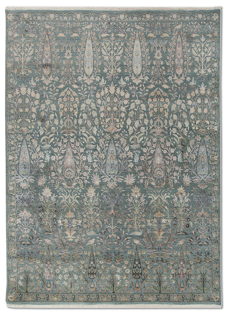 far east blue wool and silk Hand Knotted Rug - HeadShot