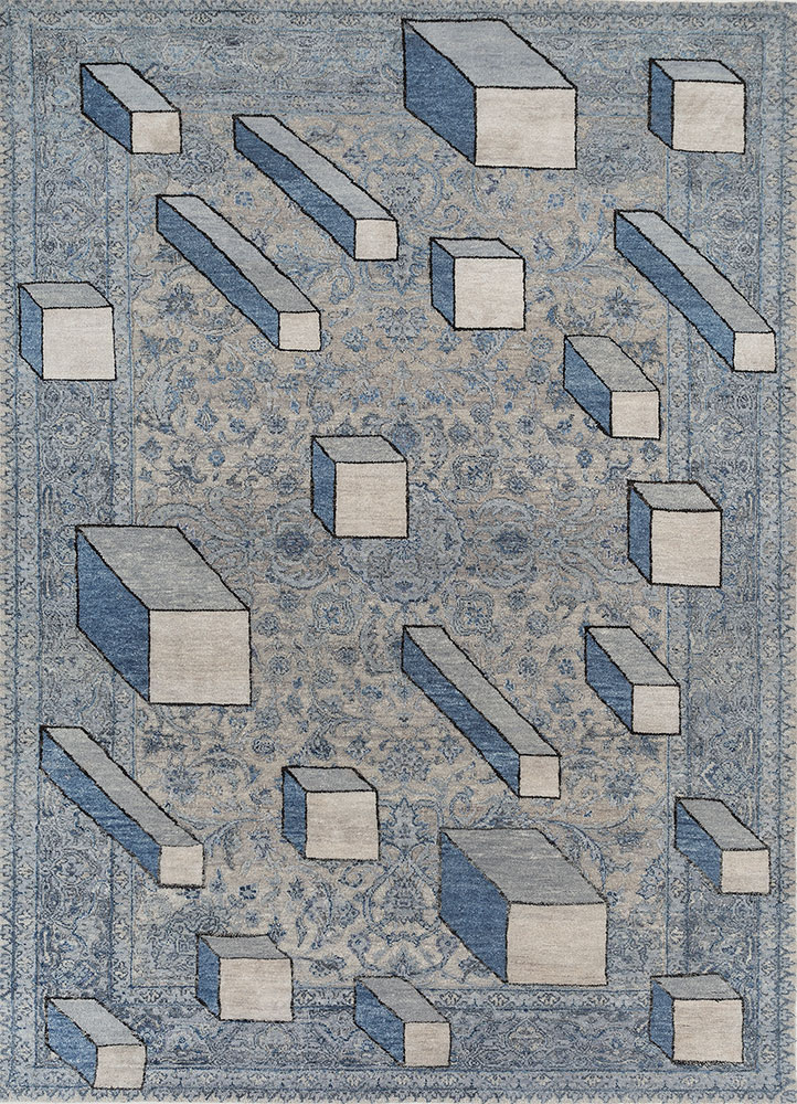 playing with tradition blue wool and silk Hand Knotted Rug - HeadShot playing with tradition blue wool and silk Hand Knotted Rug - HeadShot