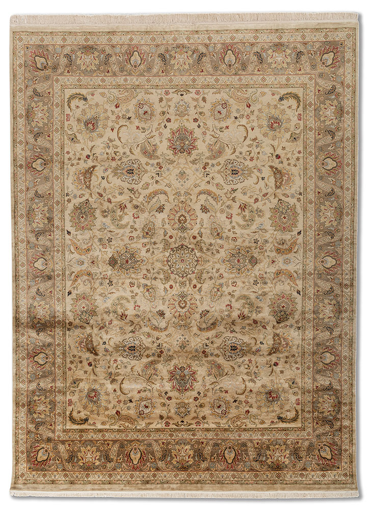  beige and brown silk Hand Knotted Rug