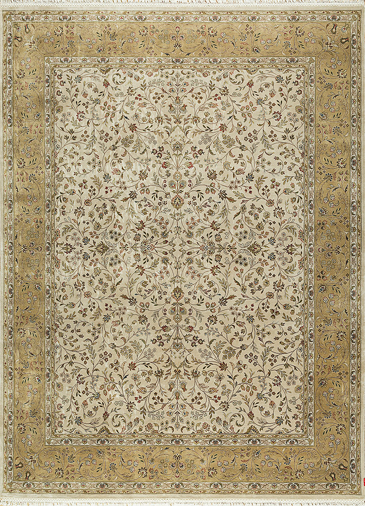  beige and brown silk Hand Knotted Rug