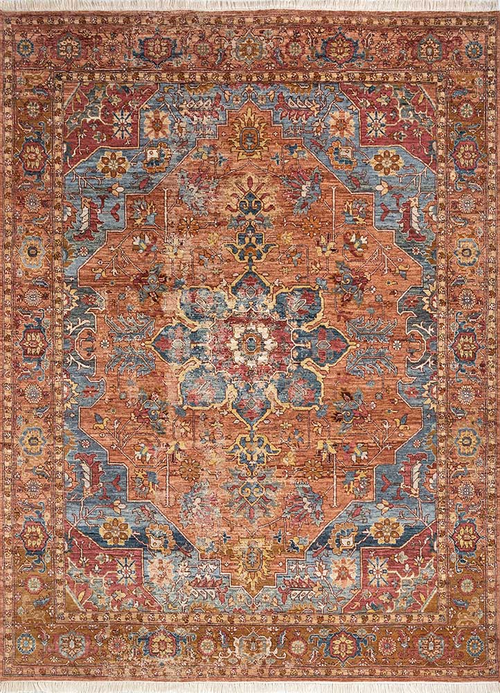 someplace in time red and orange afghan wool Hand Knotted Rug - HeadShot