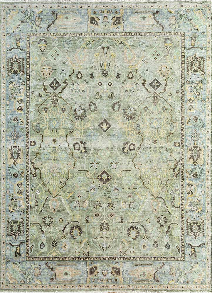 someplace in time green wool Hand Knotted Rug - HeadShot