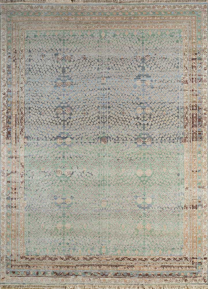 someplace in time green afghan wool Hand Knotted Rug - HeadShot