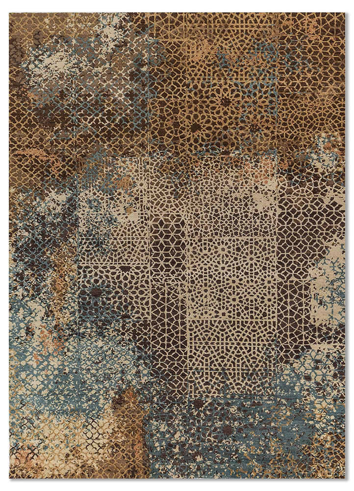  beige and brown wool and silk Hand Knotted Rug