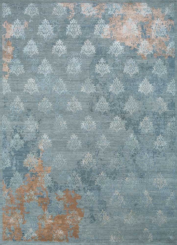 inde rose blue wool and silk Hand Knotted Rug - HeadShot