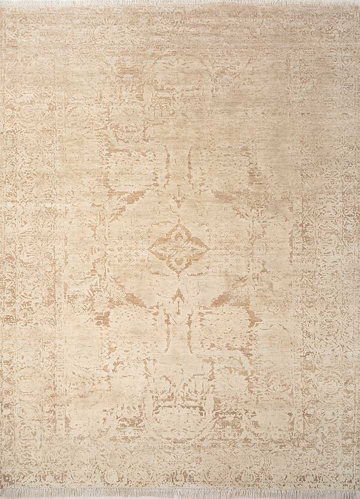  beige and brown afghan wool and silk Hand Knotted Rug