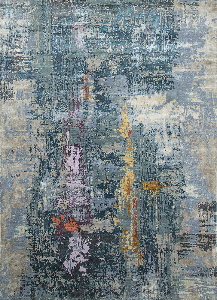 chaos theory by kavi blue wool and bamboo silk Hand Knotted Rug - HeadShot