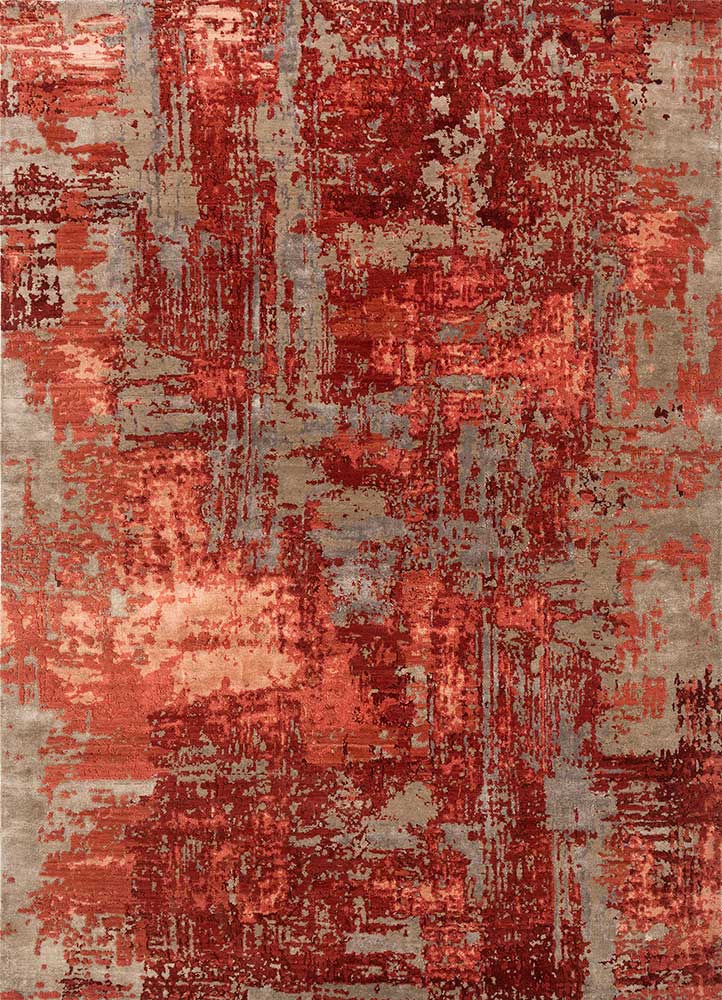  red and orange wool and bamboo silk Hand Knotted Rug