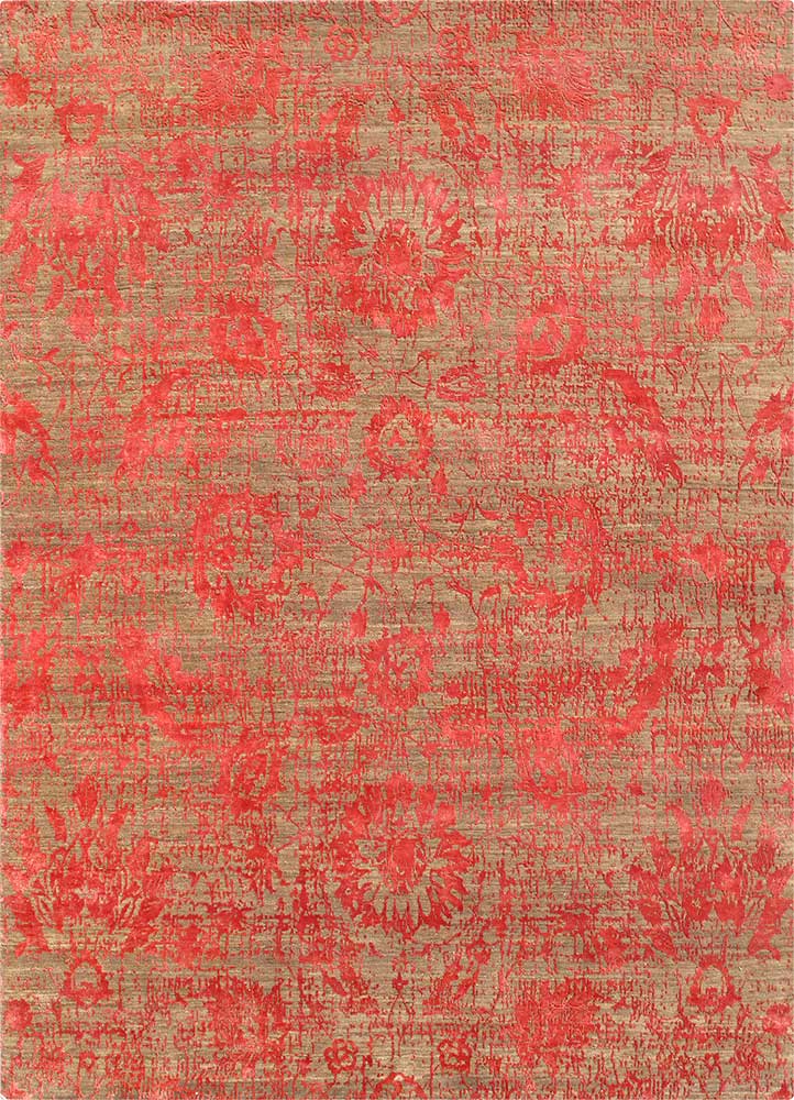  red and orange wool and bamboo silk Hand Knotted Rug