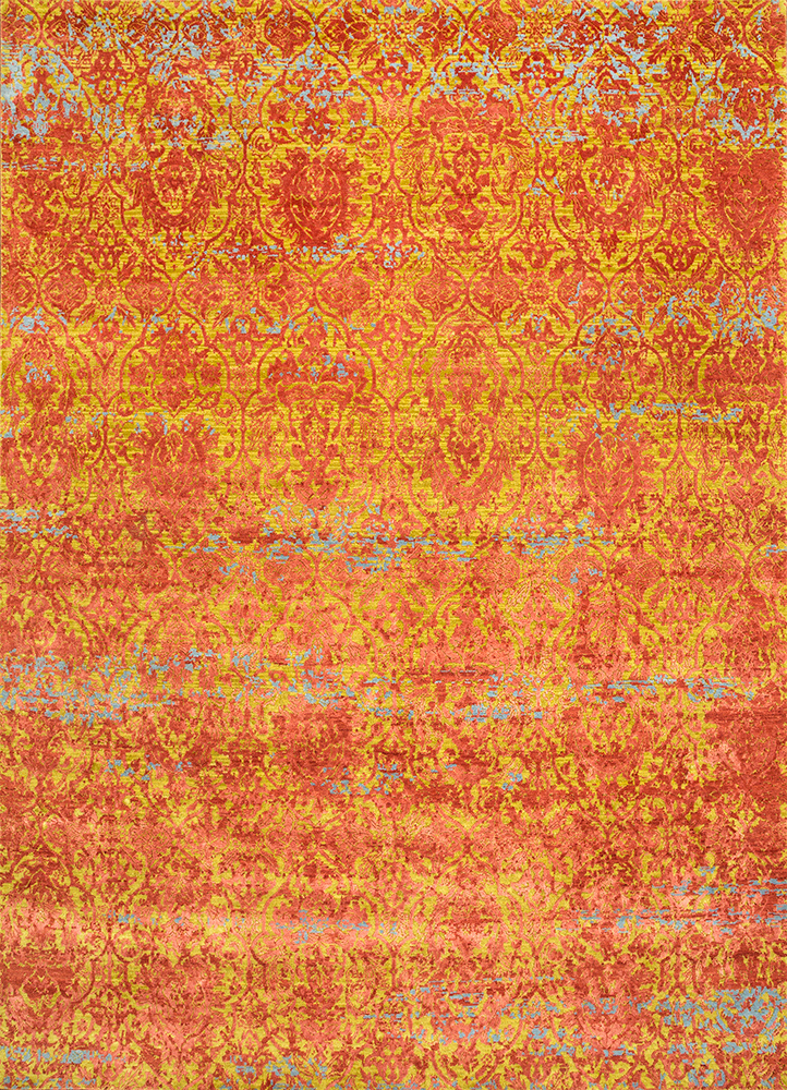  red and orange wool and bamboo silk Hand Knotted Rug