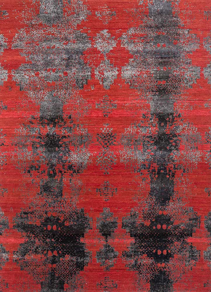  red and orange wool and bamboo silk Hand Knotted Rug