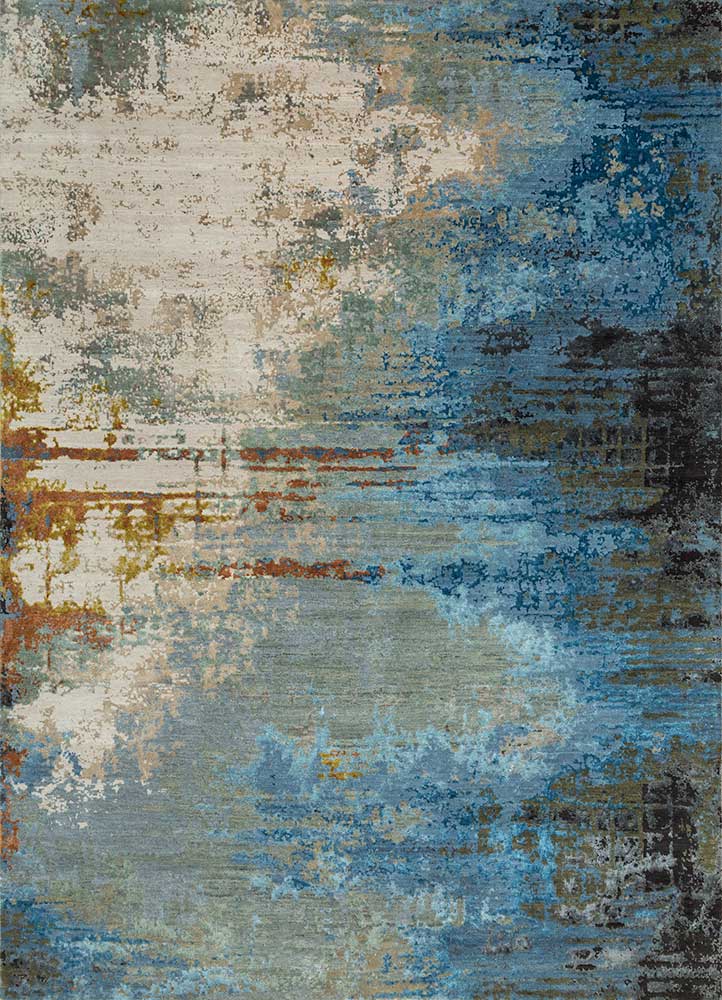 chaos theory by kavi blue wool and bamboo silk Hand Knotted Rug - HeadShot