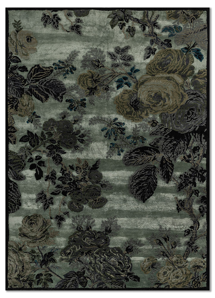 gilded age green wool and bamboo silk Hand Knotted Rug - HeadShot