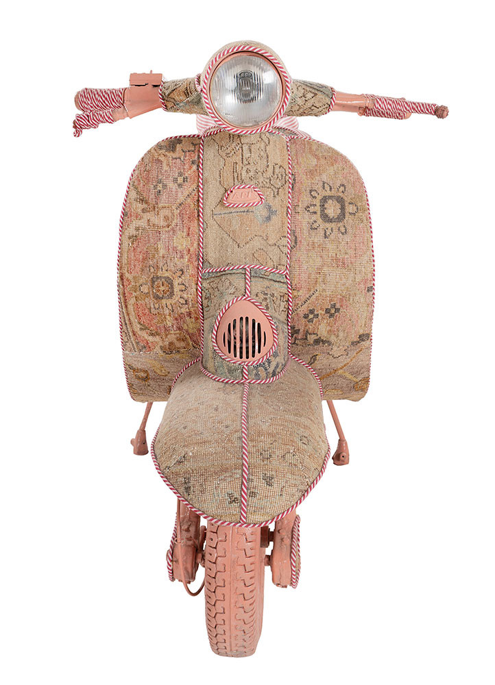  pink and purple metal scooter frame and trims Vintage rug textile Rug