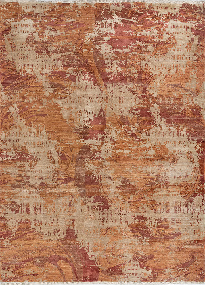  red and orange wool and silk Hand Knotted Rug