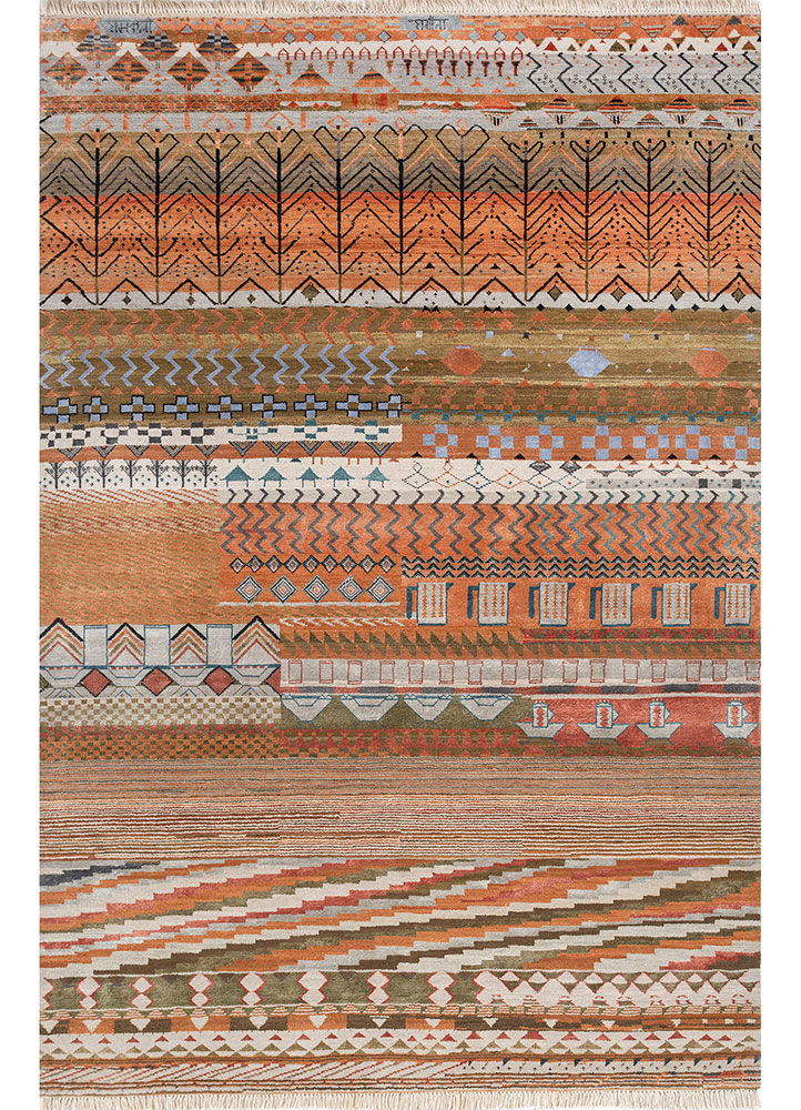 manchaha red and orange wool and bamboo silk Hand Knotted Rug - HeadShot