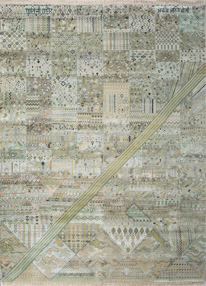 manchaha green wool and bamboo silk Hand Knotted Rug - HeadShot