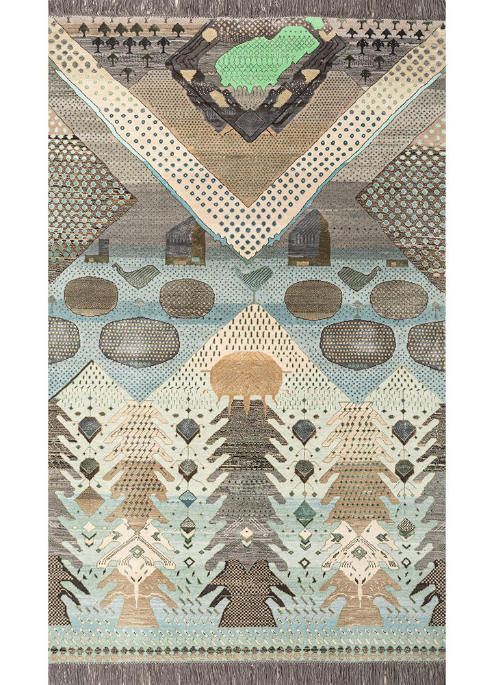 Daldal blue wool and bamboo silk Hand Knotted Rug