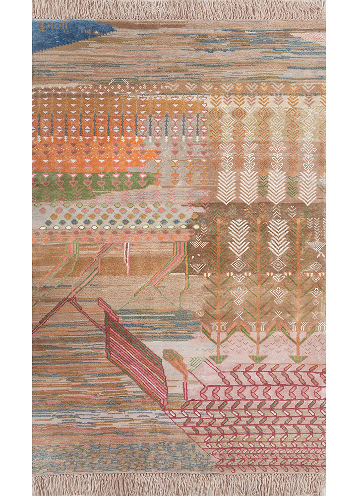 Jod-Bejod red and orange wool and bamboo silk Hand Knotted Rug