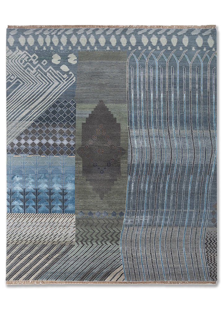 Pravah blue wool and bamboo silk Hand Knotted Rug