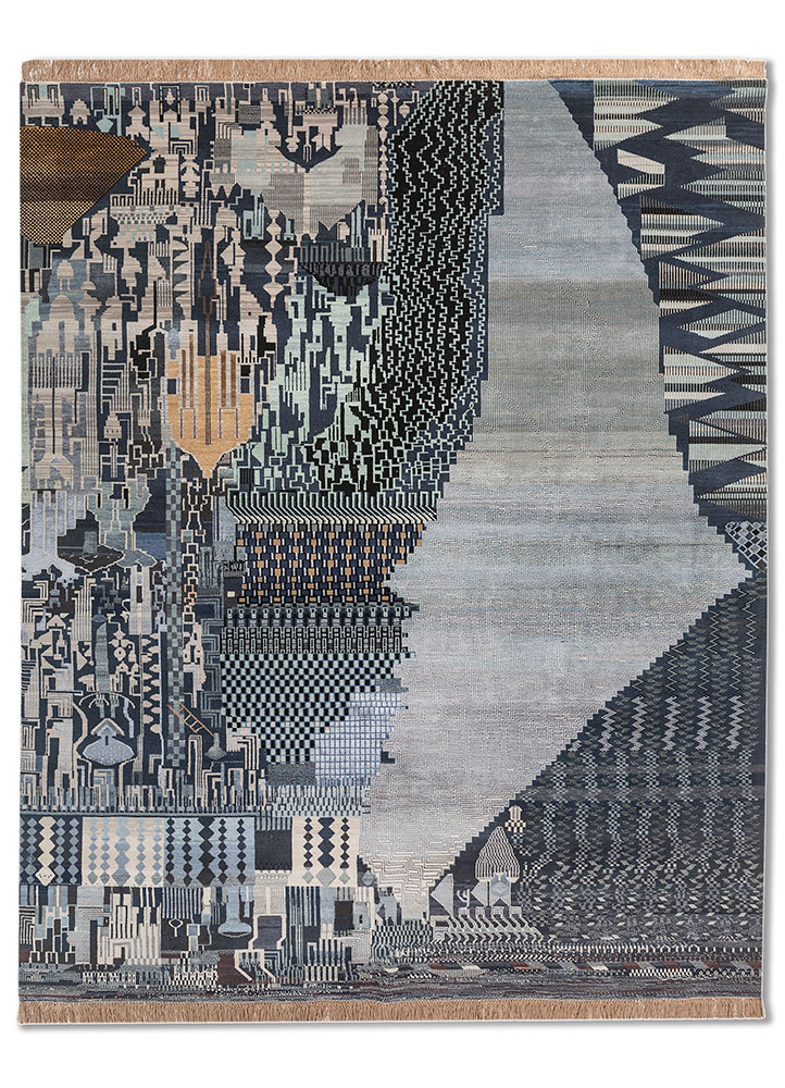 manchaha blue wool and bamboo silk Hand Knotted Rug - HeadShot