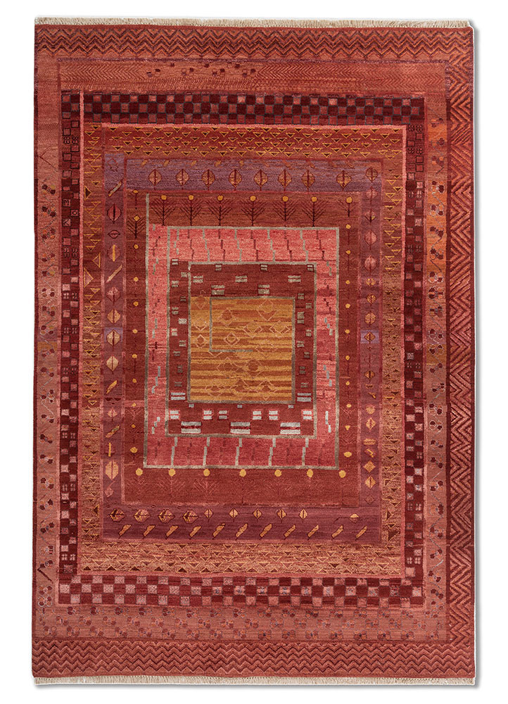 Chakravyuh red and orange wool and bamboo silk Hand Knotted Rug