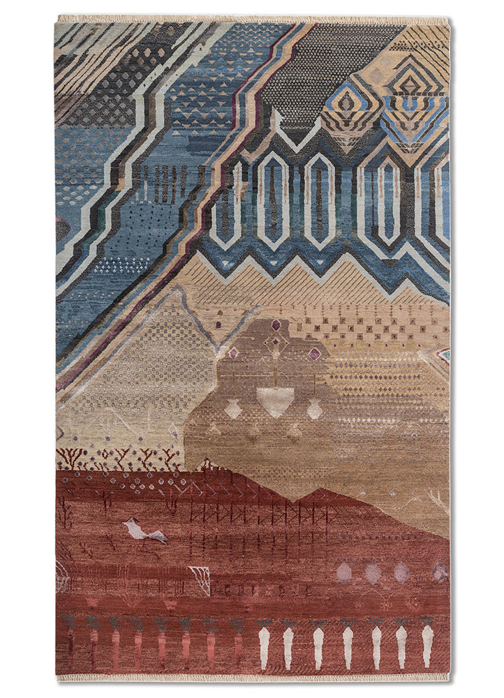 Azad Chidiya red and orange wool and bamboo silk Hand Knotted Rug