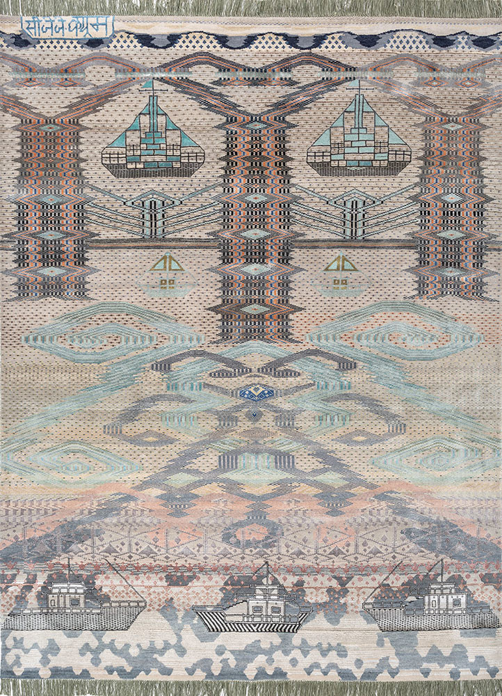 Bhatakta Samundar grey and black wool and bamboo silk Hand Knotted Rug