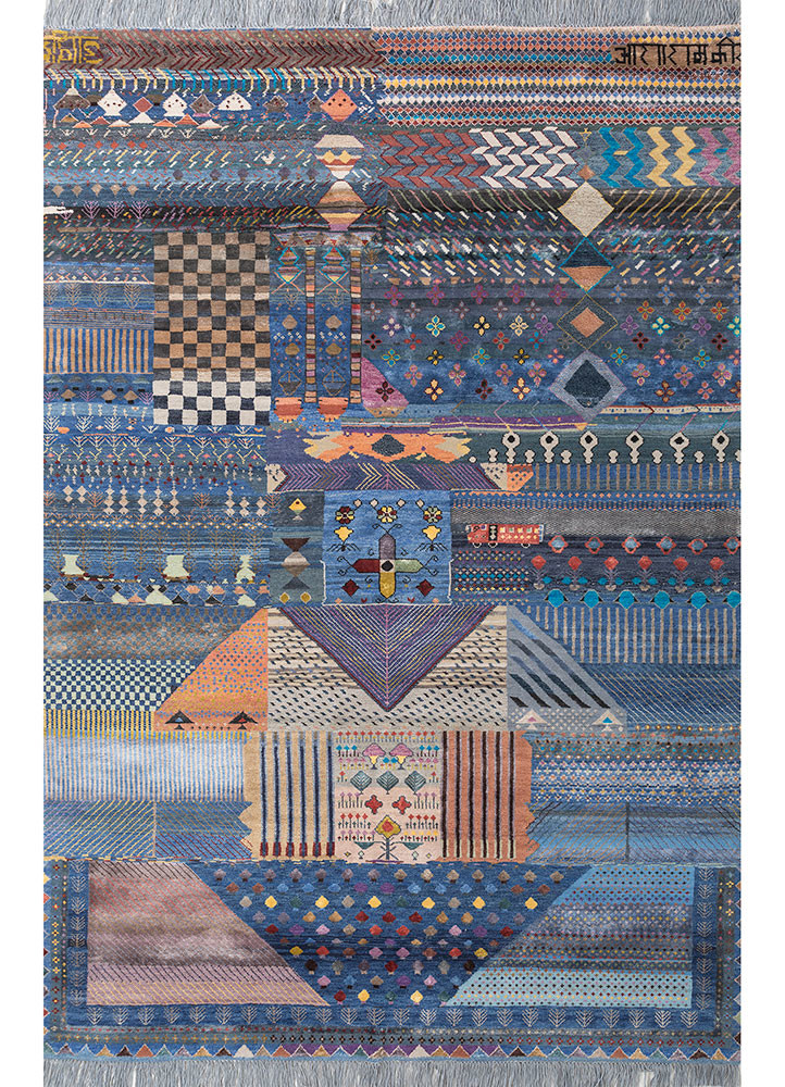 Bhaagte Raste blue wool and bamboo silk Hand Knotted Rug