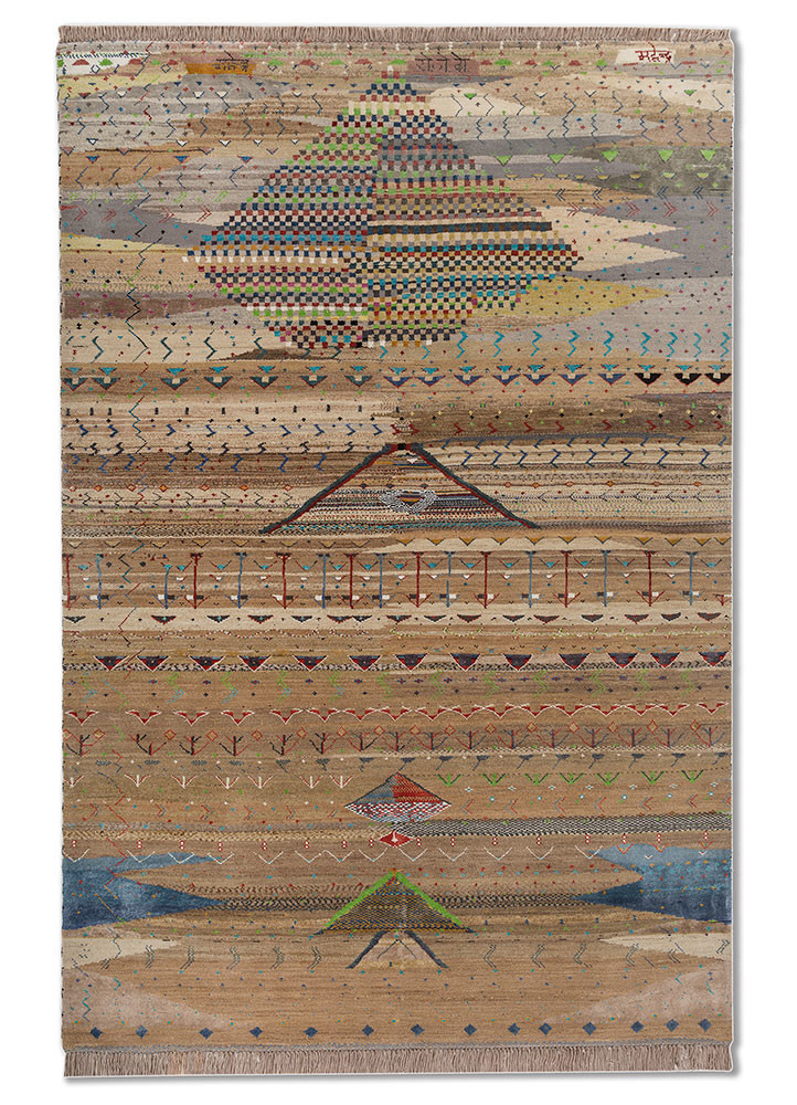 Pyramid beige and brown wool and bamboo silk Hand Knotted Rug