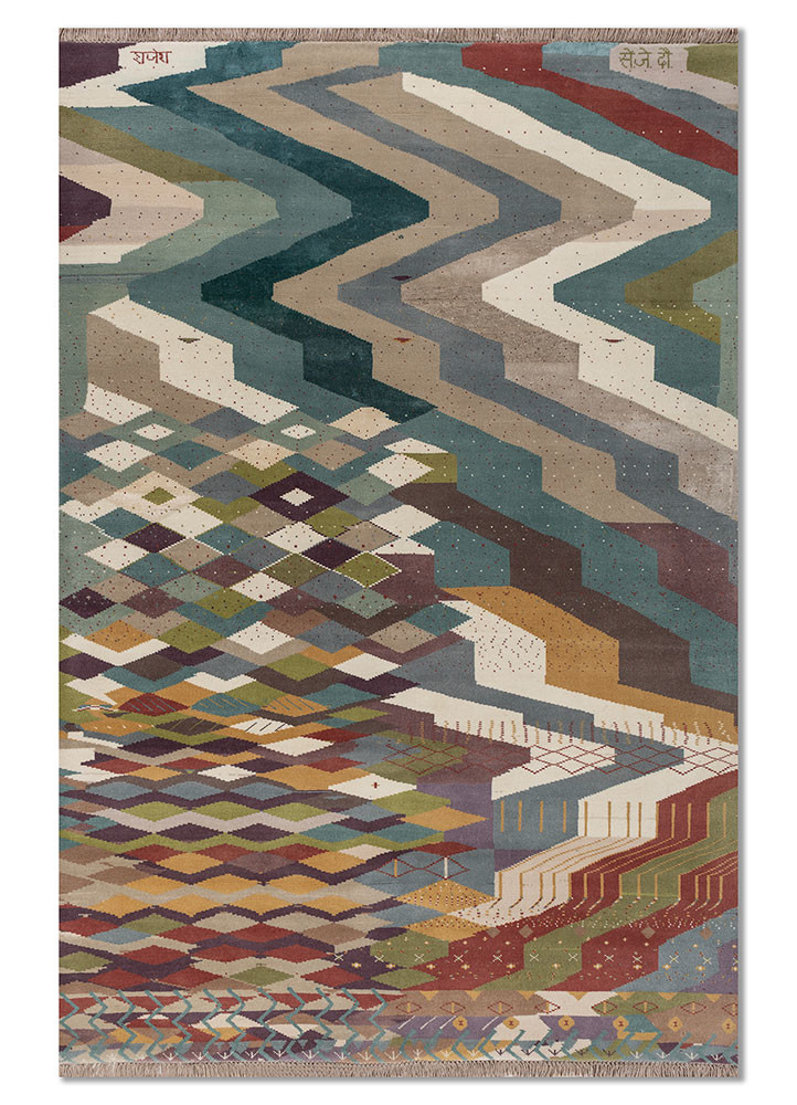 Sheesha blue wool and bamboo silk Hand Knotted Rug