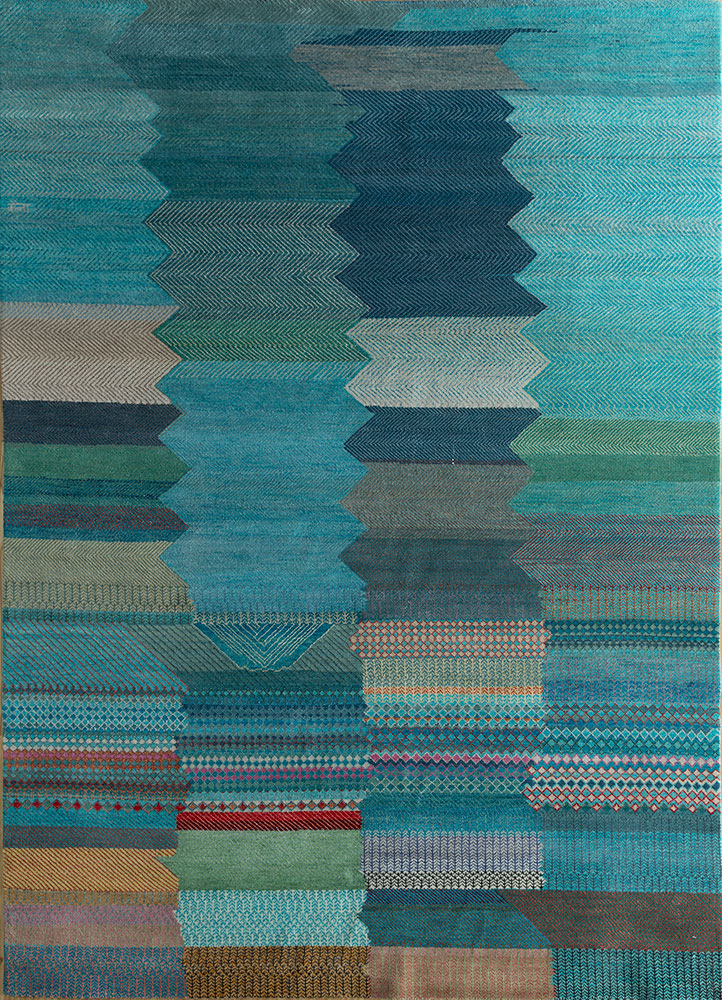 manchaha blue wool and bamboo silk Hand Knotted Rug - HeadShot