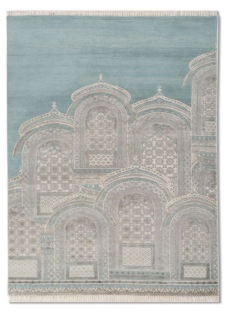khidki blue wool and bamboo silk Hand Knotted Rug - HeadShot