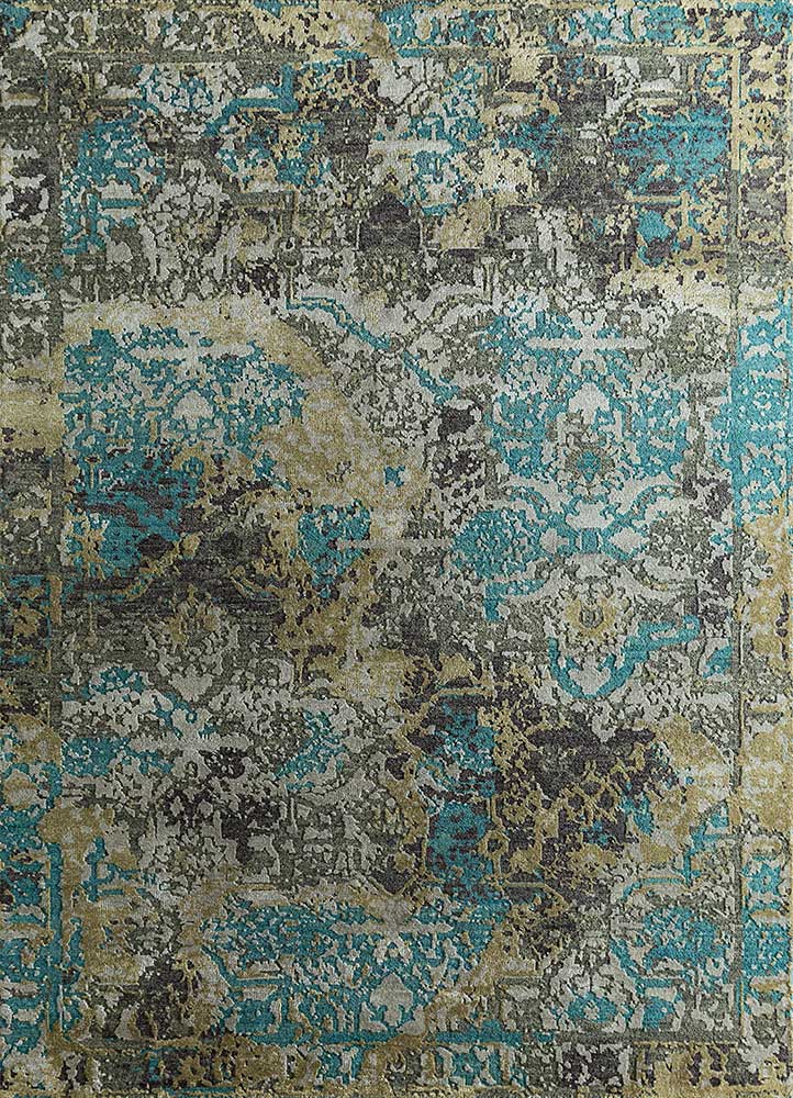 far east blue wool and silk Hand Knotted Rug - HeadShot