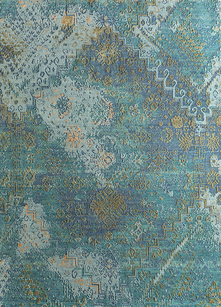 far east blue wool and silk Hand Knotted Rug - HeadShot