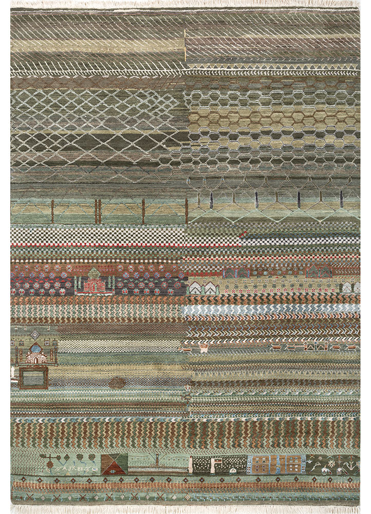 manchaha green wool and silk Hand Knotted Rug - HeadShot