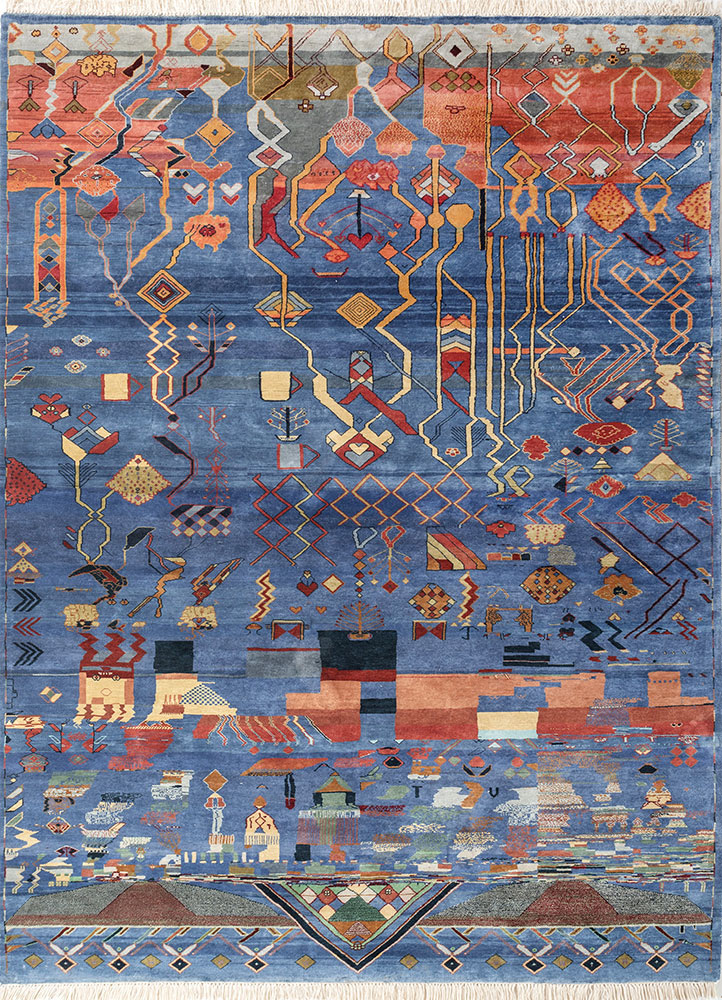 manchaha blue silk Hand Knotted Rug - HeadShot