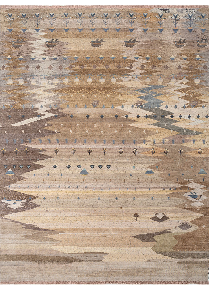 freedom manchaha beige and brown wool and silk Hand Knotted Rug - HeadShot