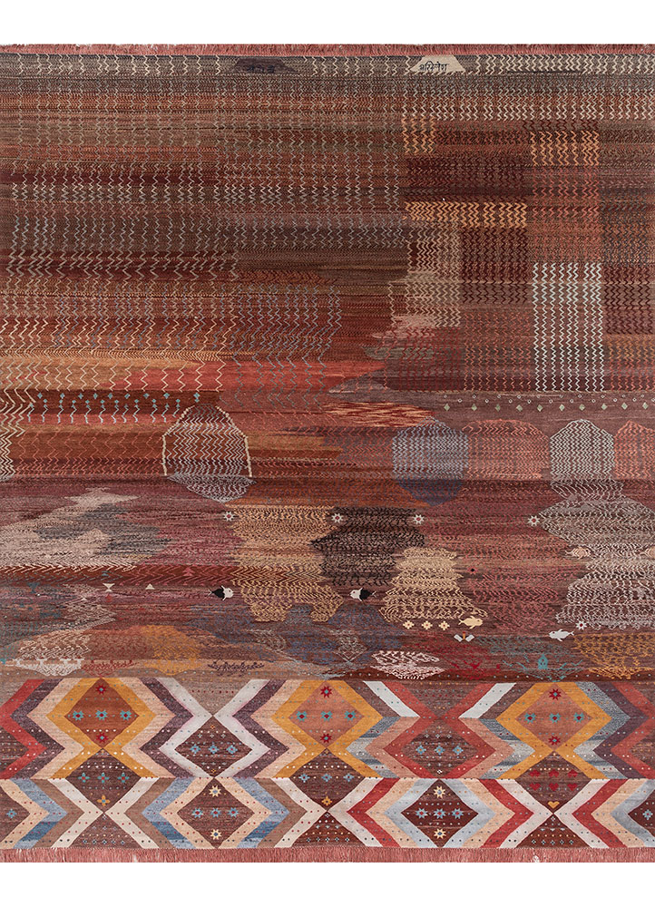 freedom manchaha red and orange wool and silk Hand Knotted Rug - HeadShot
