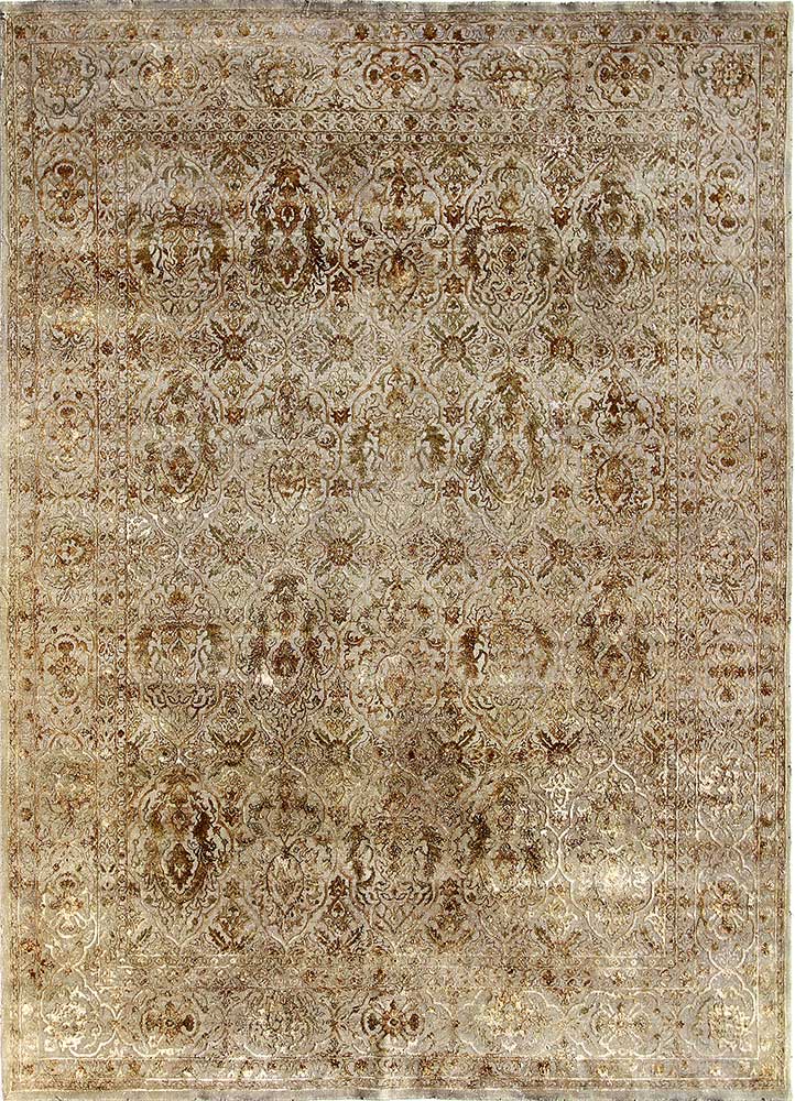  beige and brown wool and silk Hand Knotted Rug