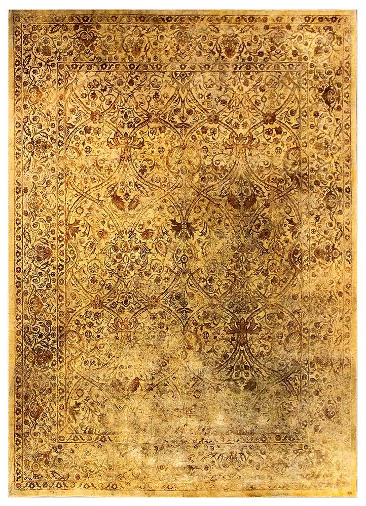 far east gold wool and silk Hand Knotted Rug - HeadShot